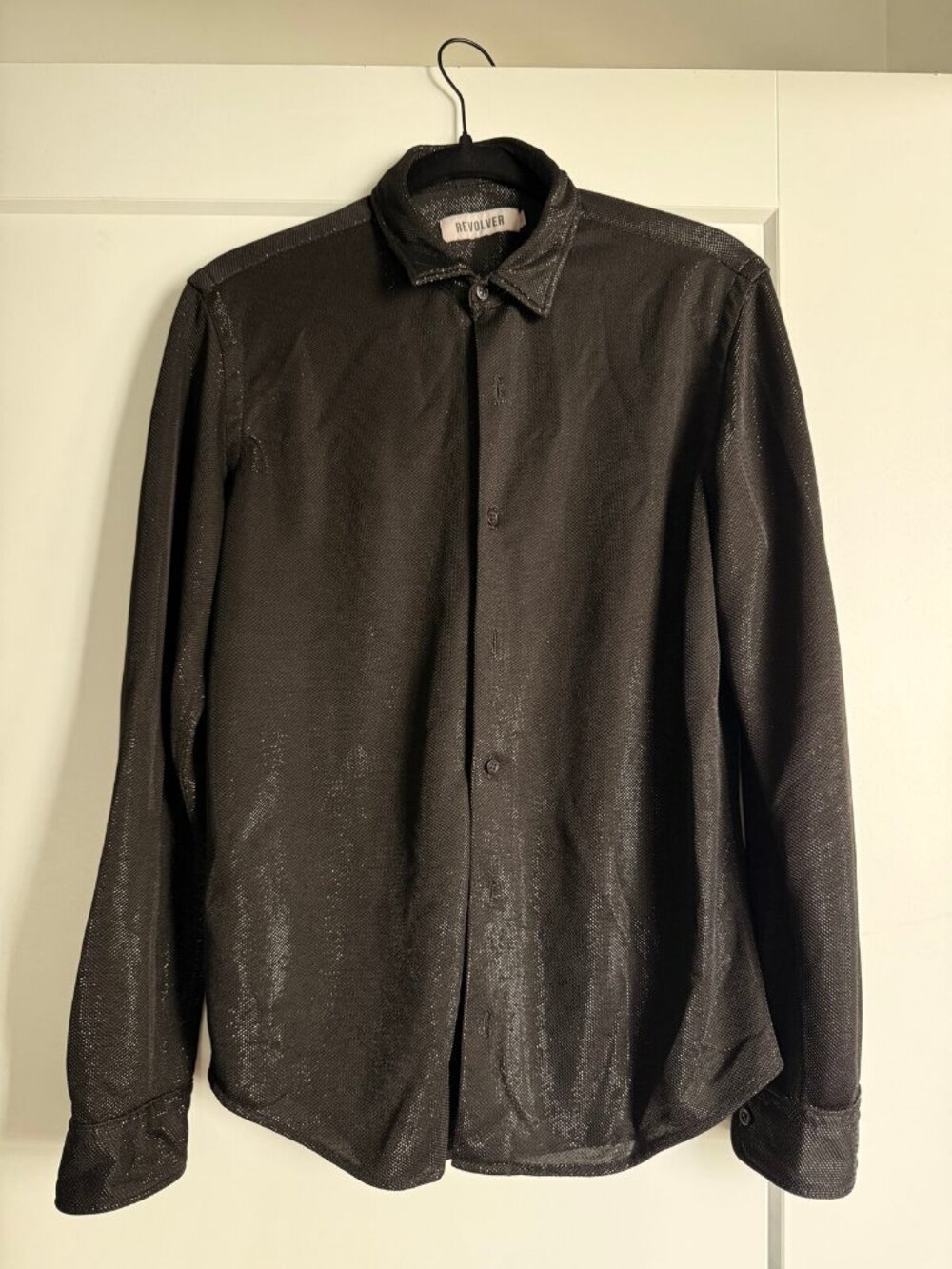 Revolver dark charcoal metallic shimmer button-up shirt, men's M